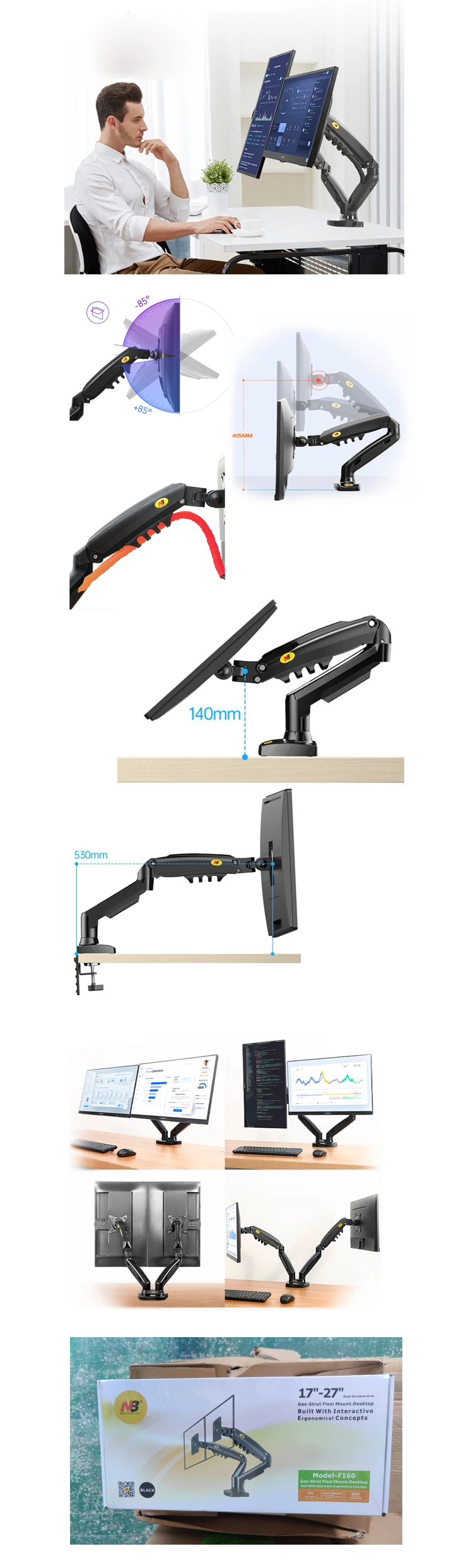 2023 Nb F160 Gas Spring 10"-27" Dual Monitor Arm