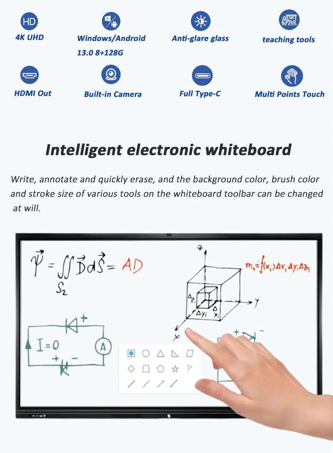 Android 11 Anti-Glare 20 Points Touch Screen LCD Interactive Flat Panel Display Whiteboard with Camera and Microphone for Education Teaching and Conference